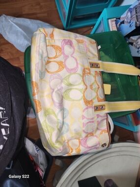 Coach Multicolor Signature Sunglass Print Tote with Yellow Handles